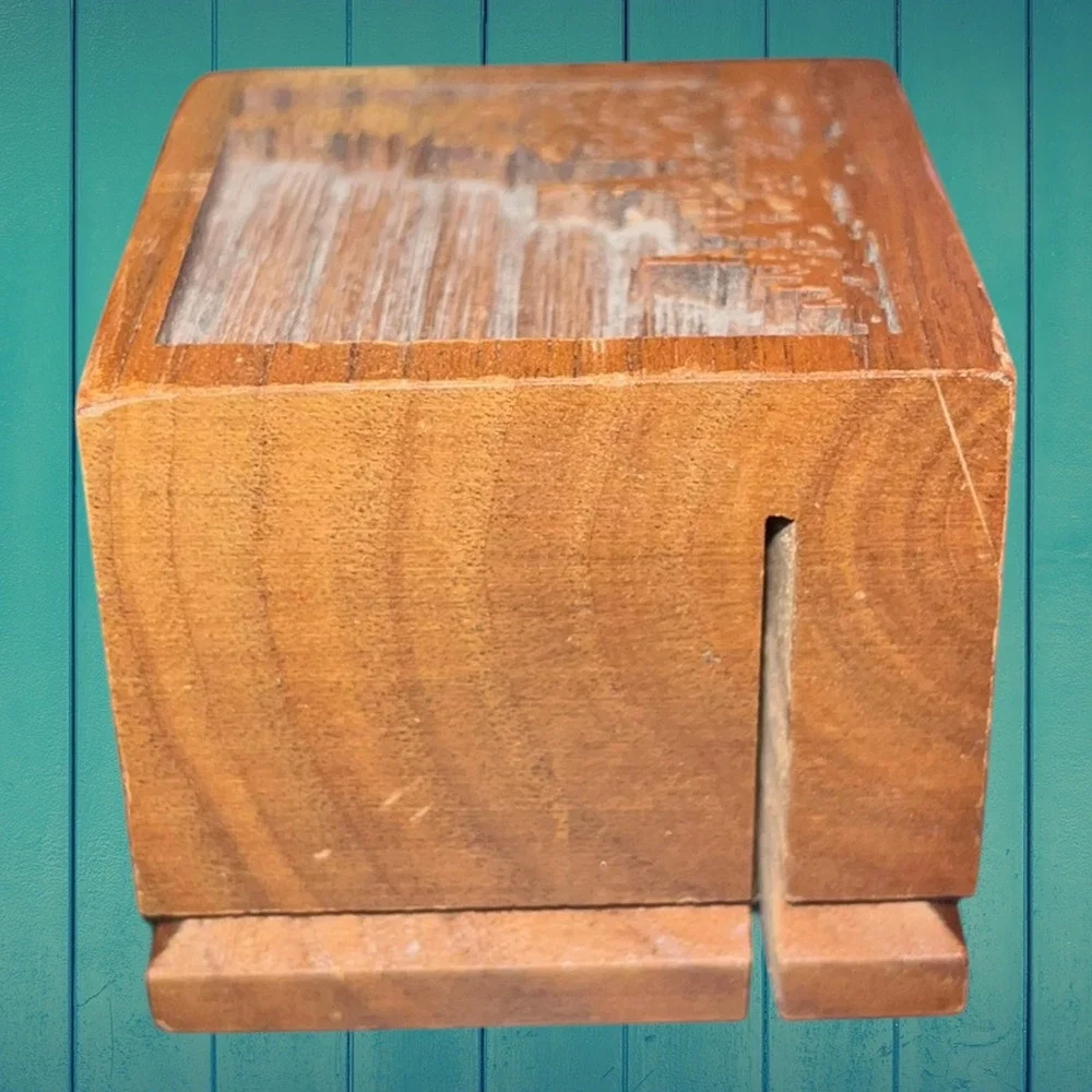 Vtg Genuine American Walnut Wood Roll Stamp Dispenser Carved Pine Tree Fores